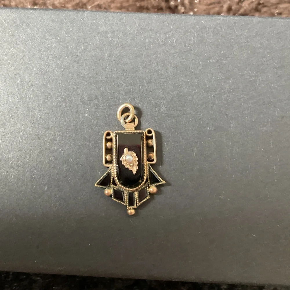 Antique Black Mourning Necklace Pendant Charm with Seed Pearl Memento Mori